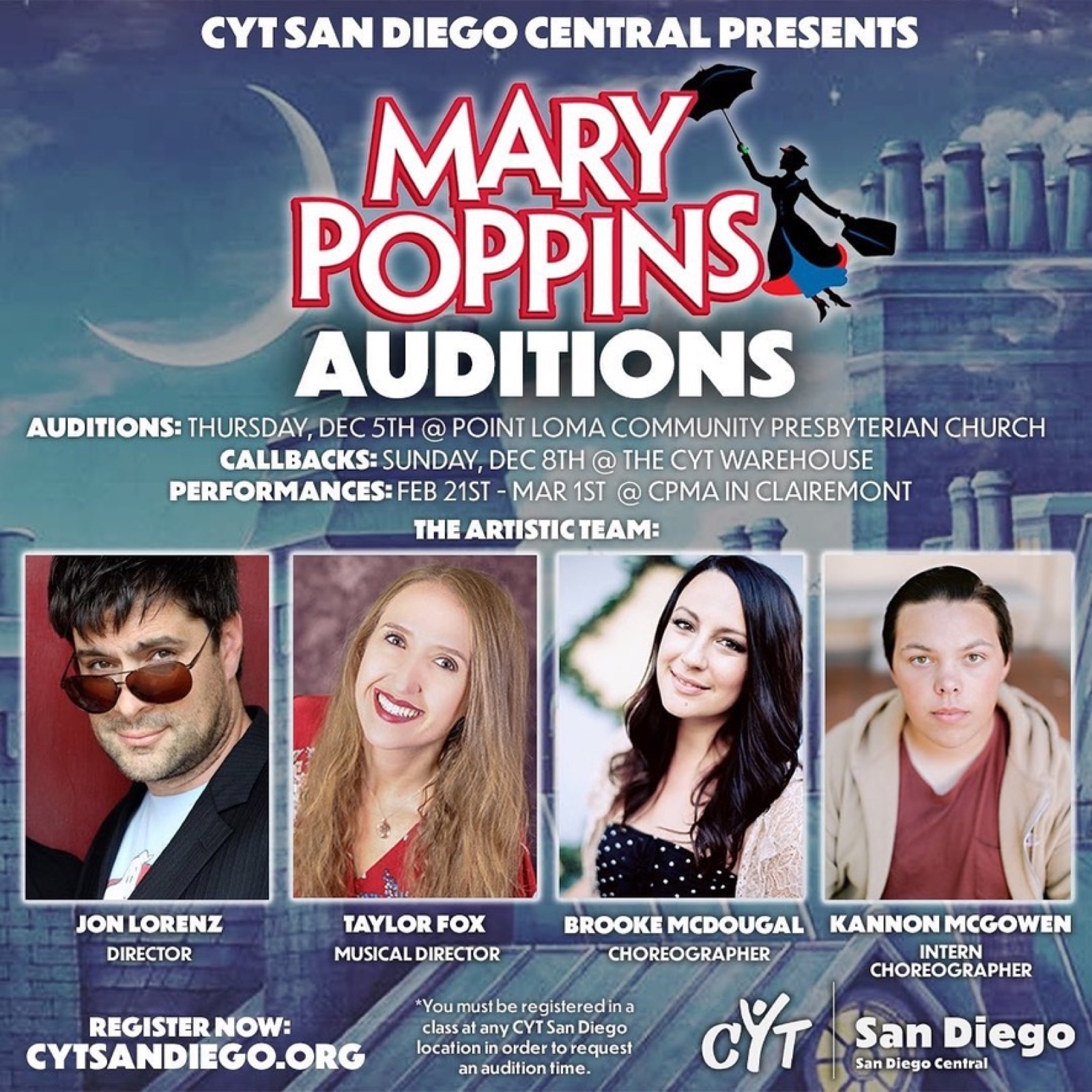CYT San Diego Mary Poppins audition poster crediting Taylor Fox as Musical Director
